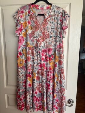 Floral Tiered Midi Dress in Pink & Yellow